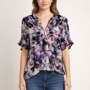 Floral Ruffle Sleeve Blouse - Purple